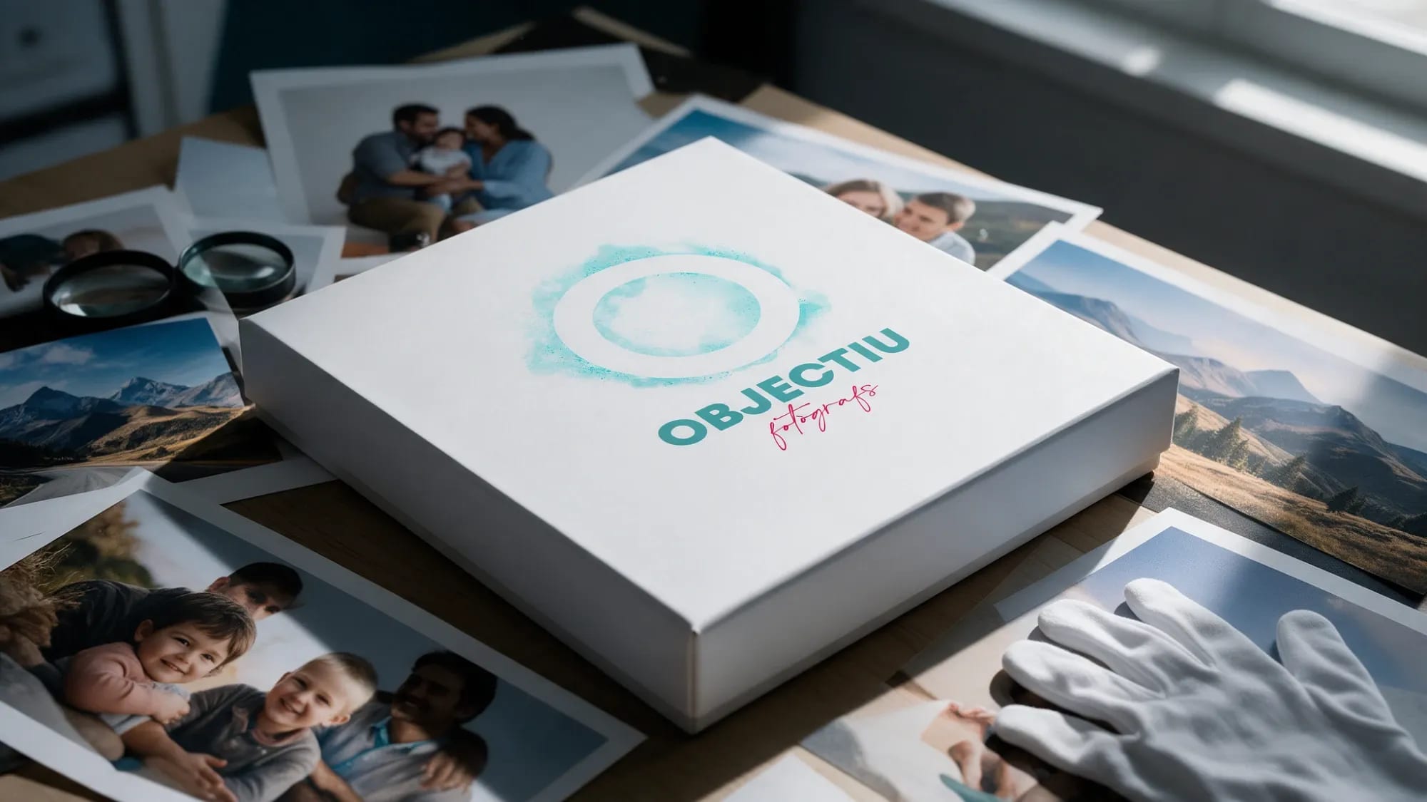 Capsa blanca amb el logotip d'Objectiu Fotògrafs damunt de fotografies impreses i guants de laboratori