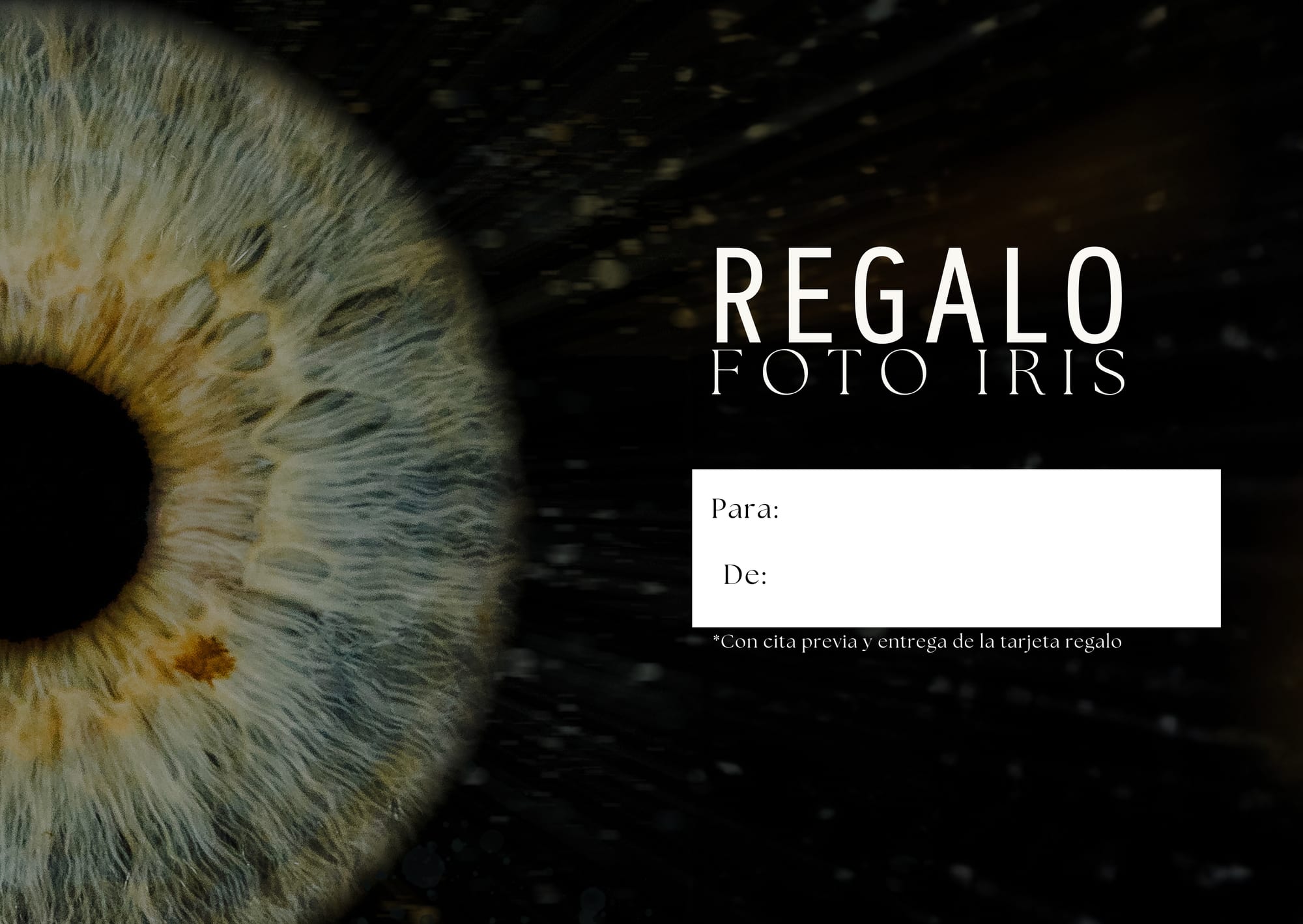 Revers de la targeta regal de fotografia d'iris, amb espai per al nom de qui la regala i qui la rep