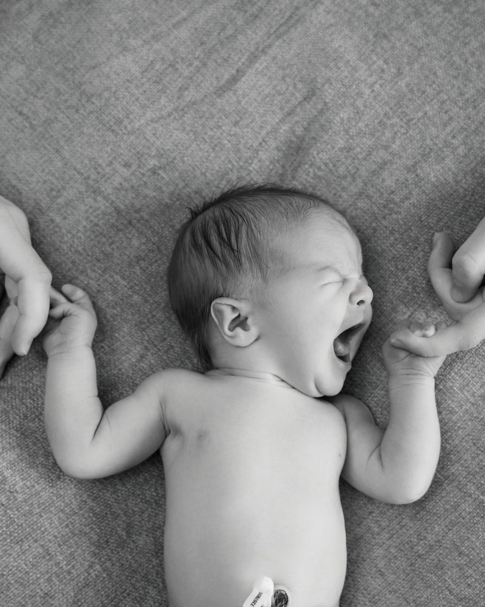 Bebé bostezando entre las manos de sus padres, en blanco y negro · Objectiu Fotògrafs, Reus